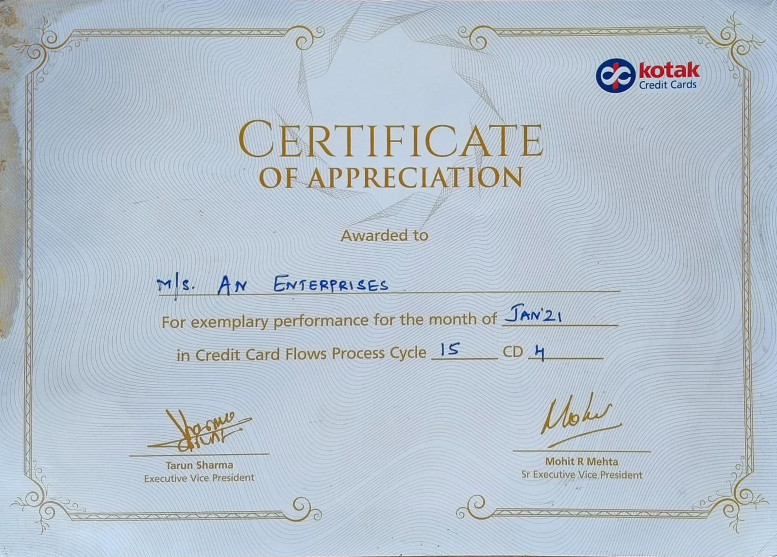 Kotak Credit Cards — Cycle 15 CD 4 Jan'21